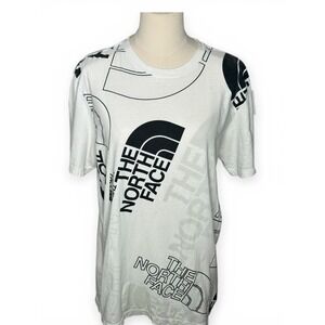 The North Face Mens White Black All Over Logo Print Graphic T-Shirt Size M